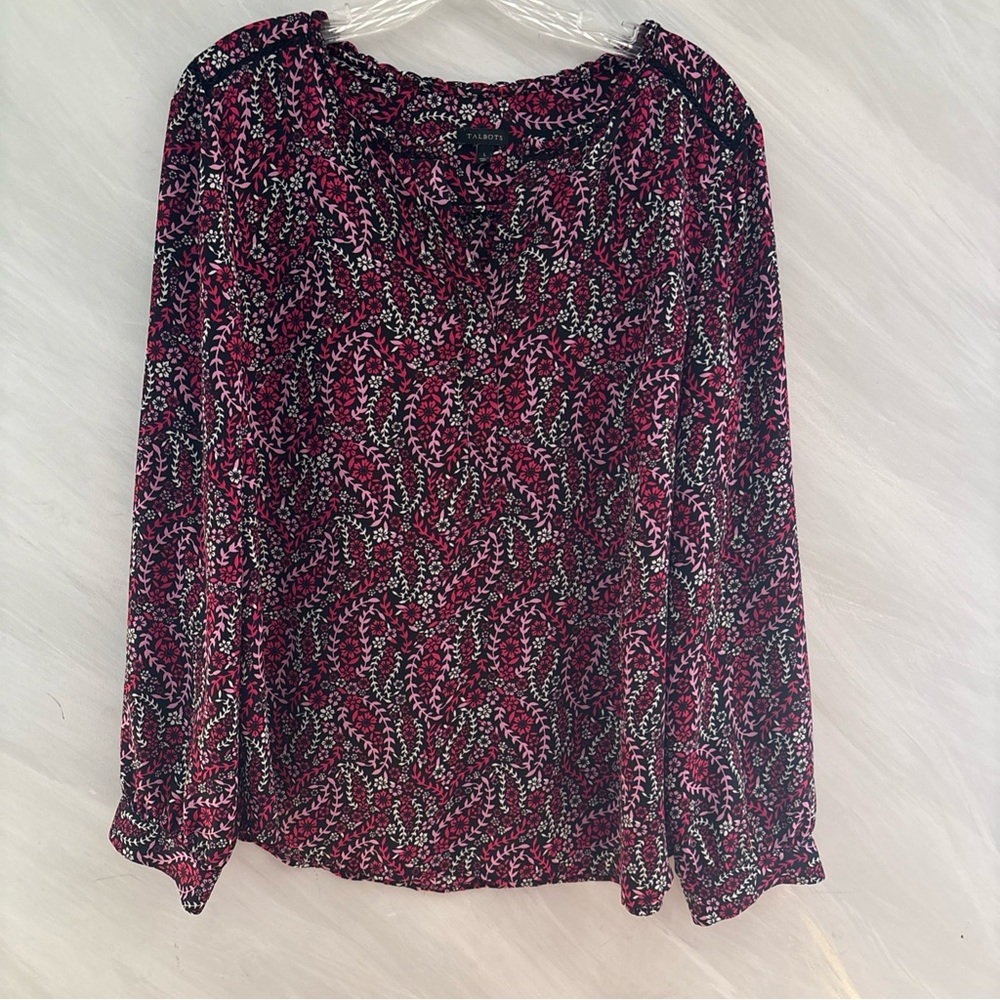 Talbots Womens L Black/ Pink/White Floral V-Neck  Long Sleeve Blouse